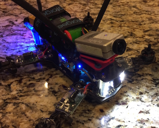 The FPV mount in the Vortex, ready to fly